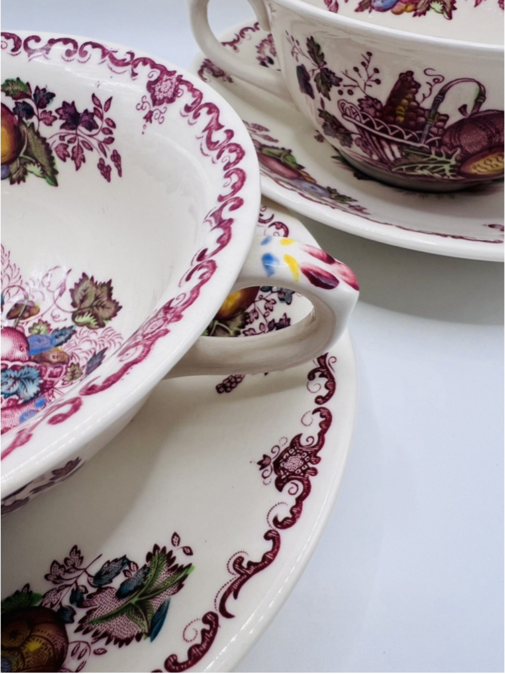 Set of (2) Masons Fruit Basket Soup Bowls Double Handle Mugs Saucers Tea Cups - Picture 8 of 8